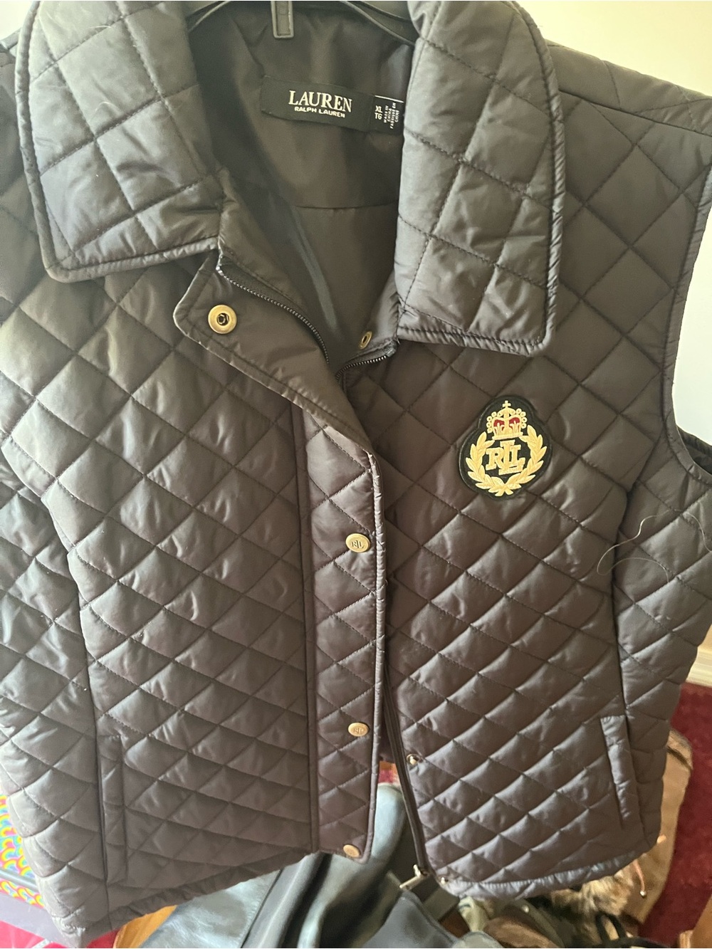 Ralph Lauren Quilted Black Vest with Gold Crest Emblem